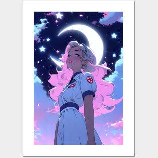 Anime nurse moon lover in night sky cresent moon stars Posters and Art